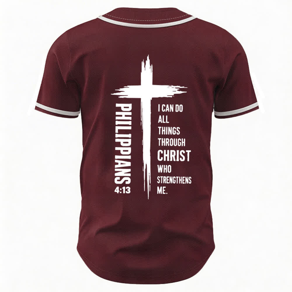 Christianartworkshop Filippesi 4:13 Maglia da baseball con grafica a croce e bordo a contrasto - image 1