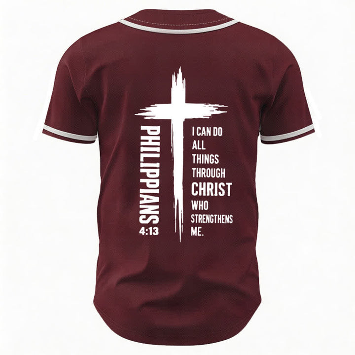Christianartworkshop Filippesi 4:13 Maglia da baseball con grafica a croce e bordo a contrasto - image 1