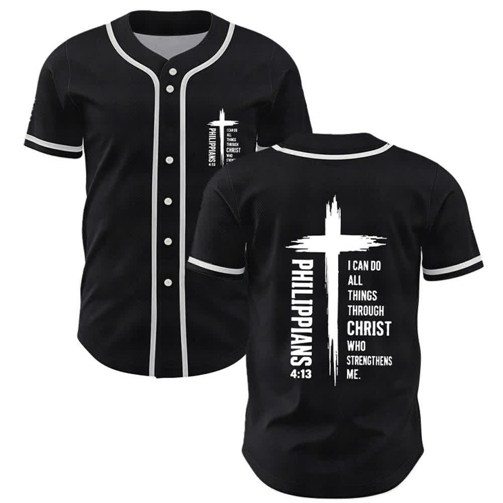 Christianartworkshop Filippesi 4:13 Maglia da baseball con grafica a croce e bordo a contrasto - Nero - 5XL - image 7