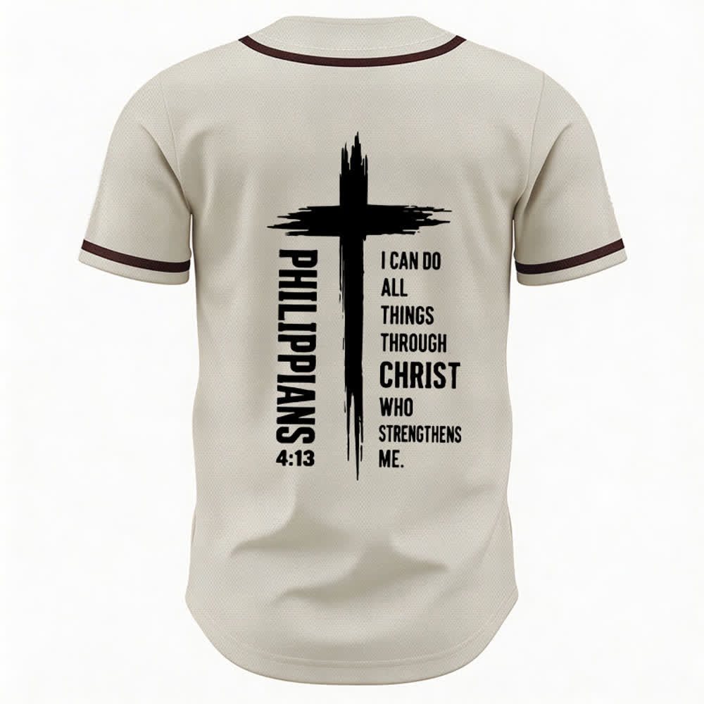 Christianartworkshop Filippesi 4:13 Maglia da baseball con grafica a croce e bordo a contrasto - image 22