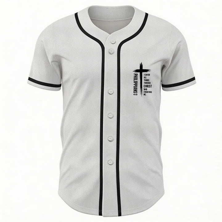 Christianartworkshop Filippesi 4:13 Maglia da baseball con grafica a croce e bordo a contrasto - image 37