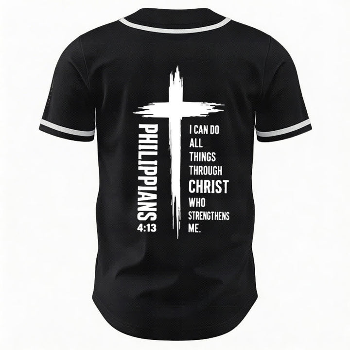 Christianartworkshop Filippesi 4:13 Maglia da baseball con grafica a croce e bordo a contrasto - image 8
