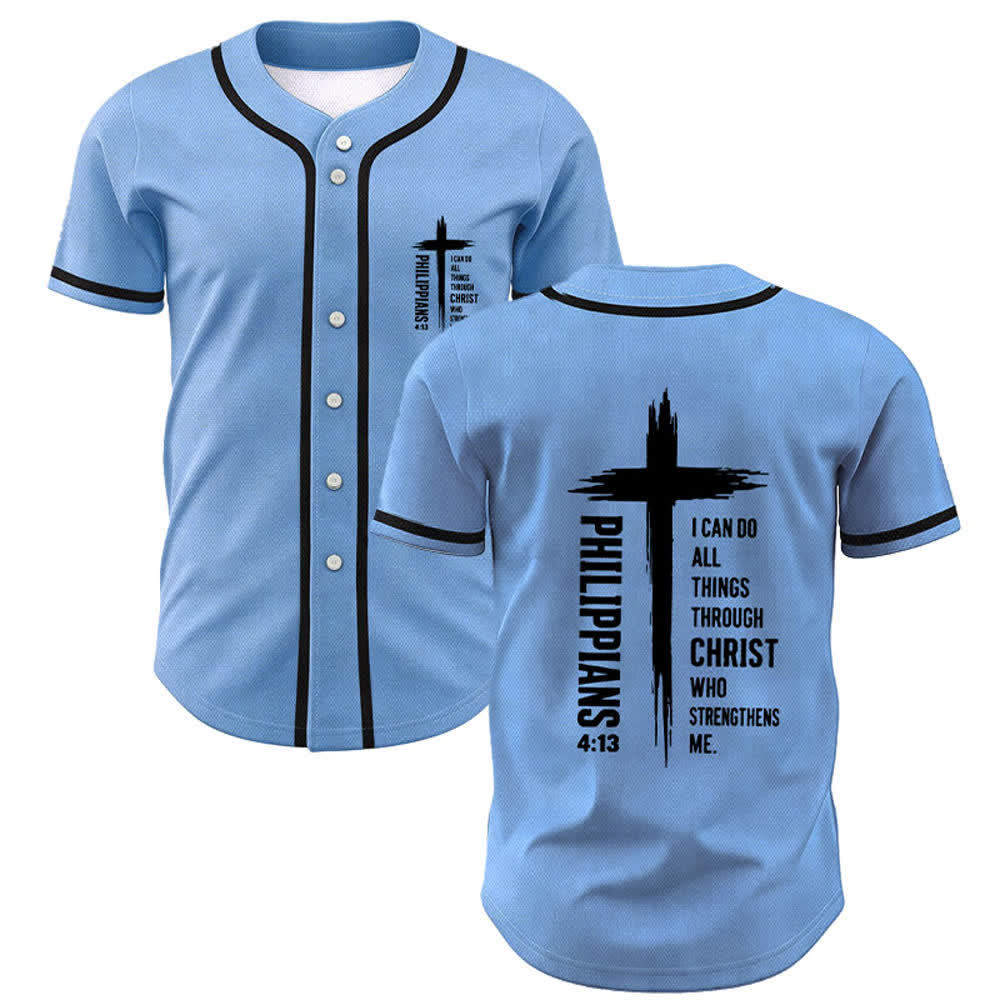 Christianartworkshop Filippesi 4:13 Maglia da baseball con grafica a croce e bordo a contrasto - Blu celeste - 5XL - image 49