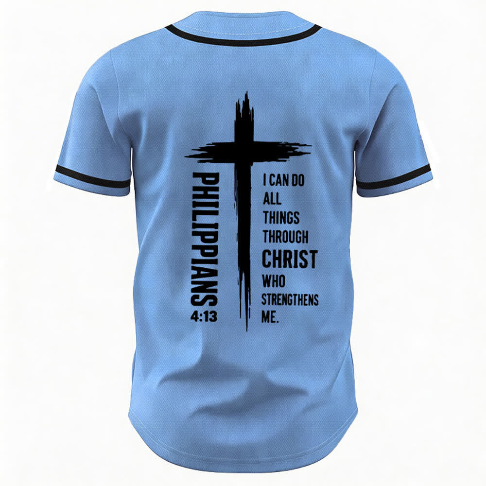 Christianartworkshop Filippesi 4:13 Maglia da baseball con grafica a croce e bordo a contrasto - image 50