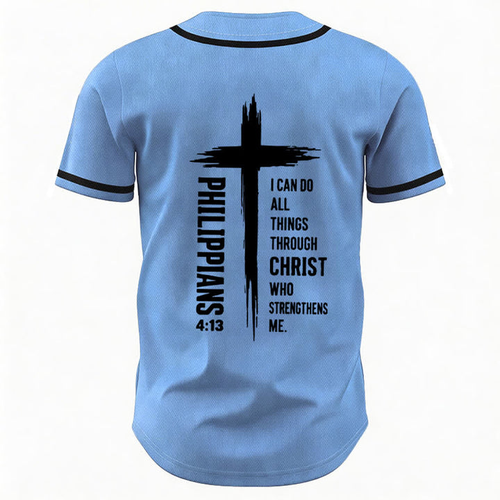 Christianartworkshop Filippesi 4:13 Maglia da baseball con grafica a croce e bordo a contrasto - image 50