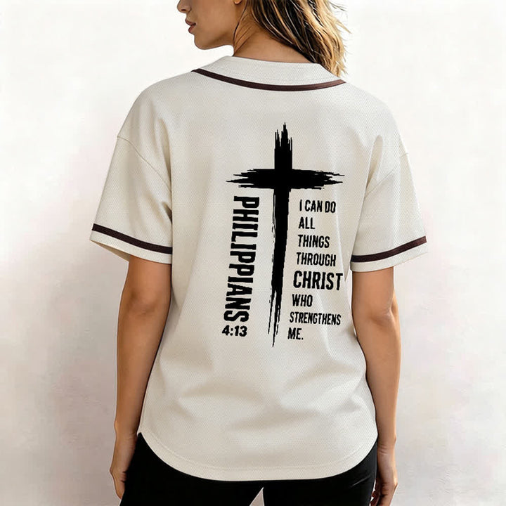 Christianartworkshop Filippesi 4:13 Maglia da baseball con grafica a croce e bordo a contrasto - image 24