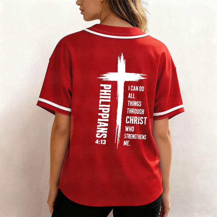 Christianartworkshop Filippesi 4:13 Maglia da baseball con grafica a croce e bordo a contrasto - image 45