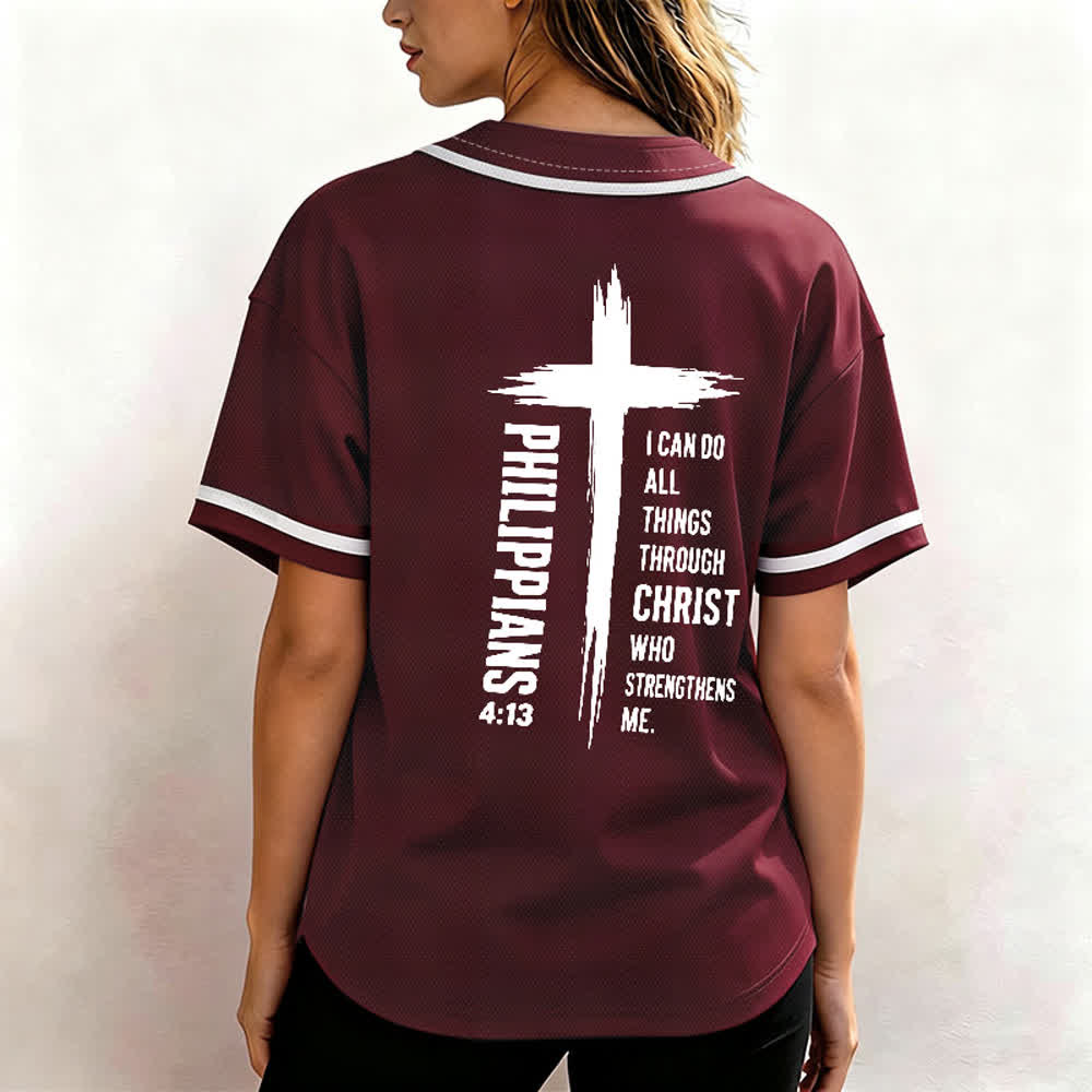 Christianartworkshop Filippesi 4:13 Maglia da baseball con grafica a croce e bordo a contrasto - image 3