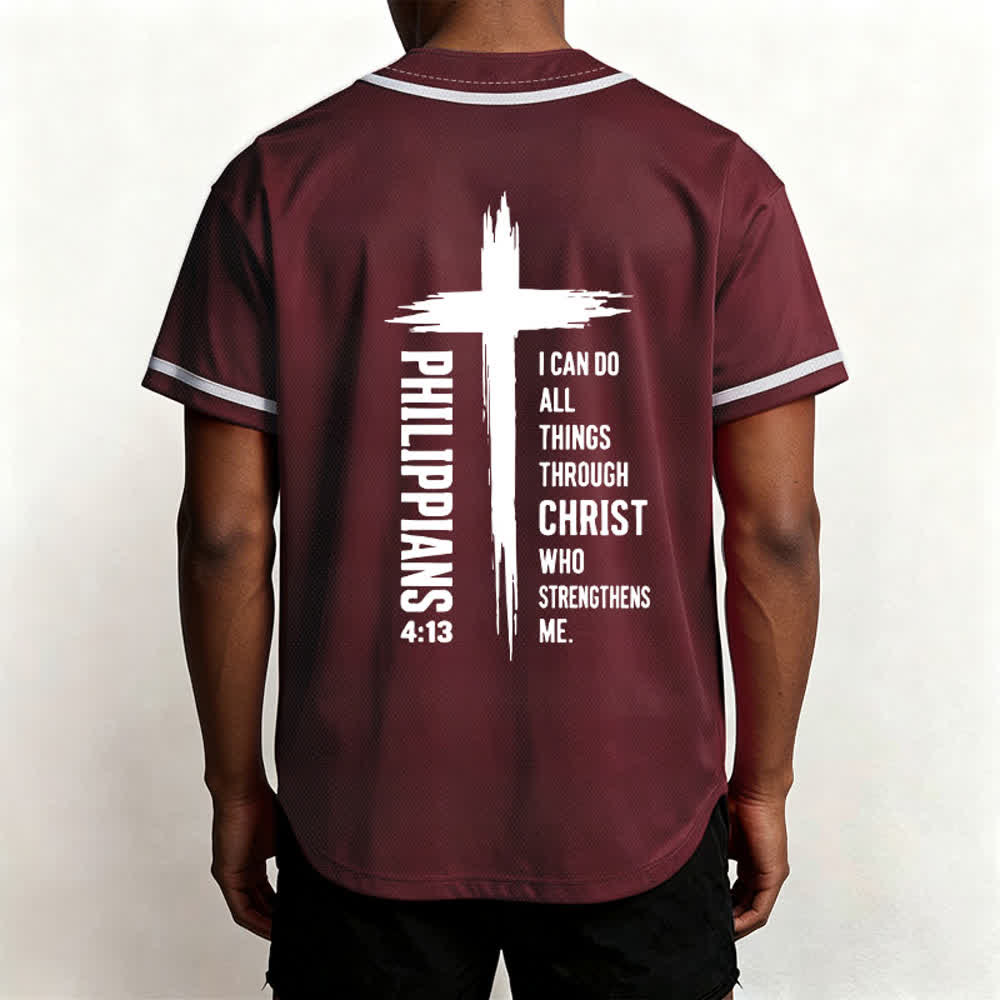 Christianartworkshop Filippesi 4:13 Maglia da baseball con grafica a croce e bordo a contrasto - image 5
