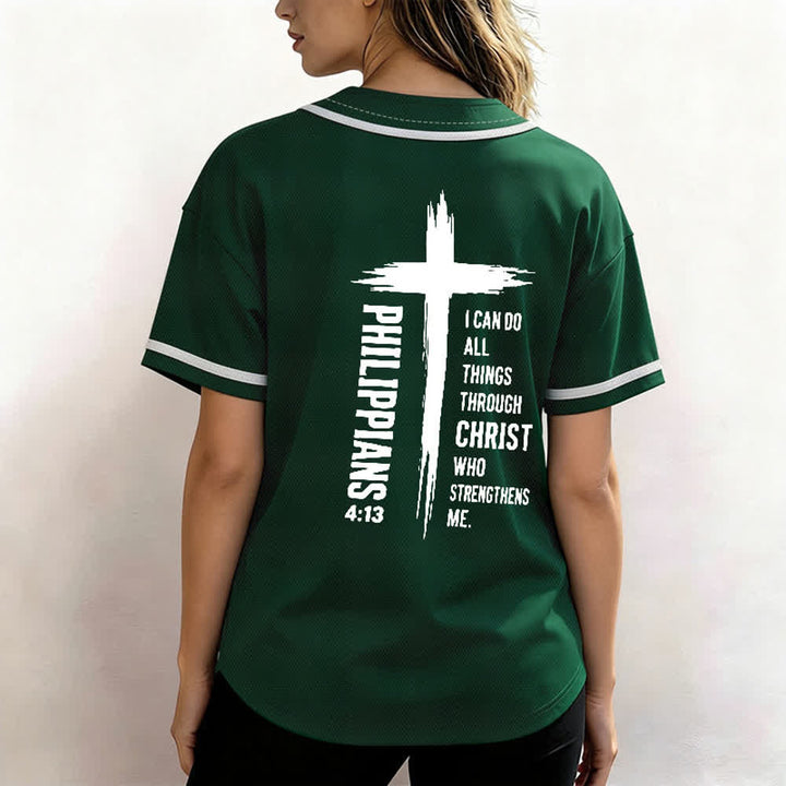 Christianartworkshop Filippesi 4:13 Maglia da baseball con grafica a croce e bordo a contrasto - image 17