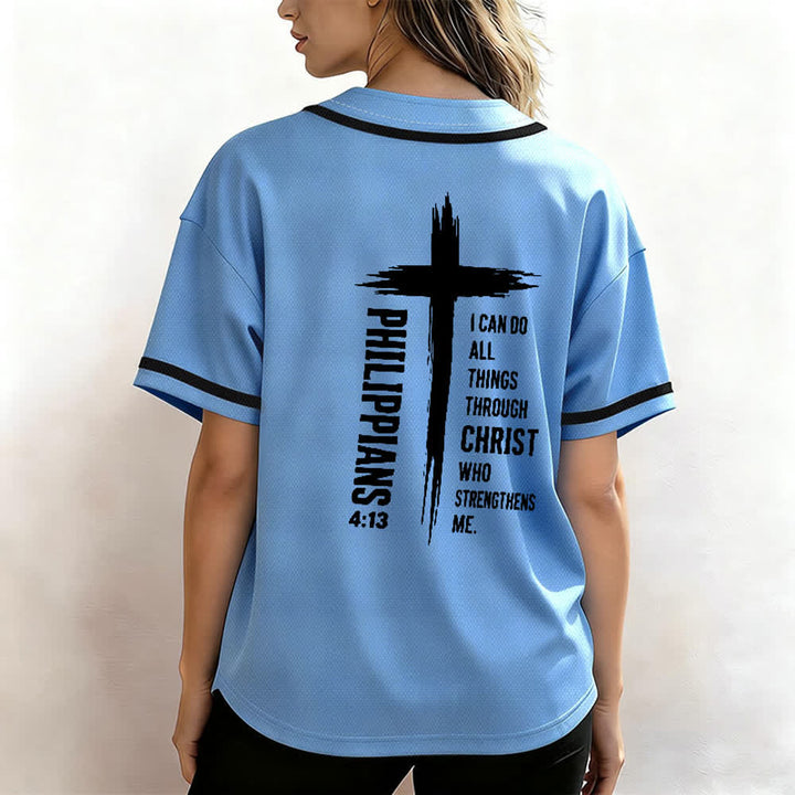 Christianartworkshop Filippesi 4:13 Maglia da baseball con grafica a croce e bordo a contrasto - image 52