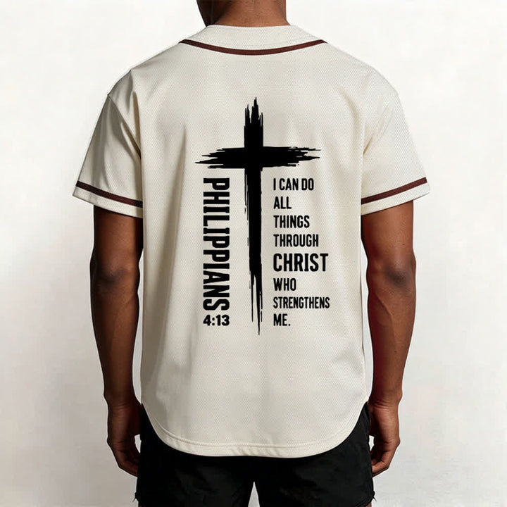 Christianartworkshop Filippesi 4:13 Maglia da baseball con grafica a croce e bordo a contrasto - image 26