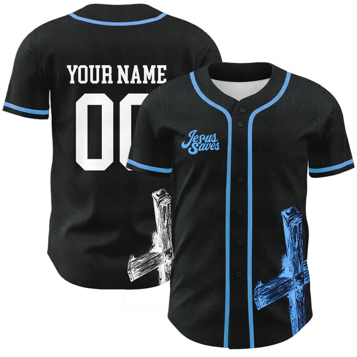 Christianartworkshop Maglia da baseball personalizzata con nome "Gesù salva" - Nome & Numero personalizzati - Blu celeste - 5XL - image 3