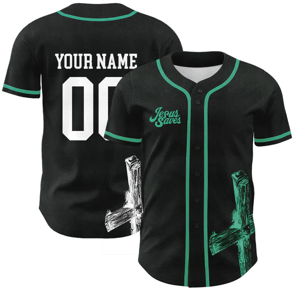 Christianartworkshop Maglia da baseball personalizzata con nome "Gesù salva" - Nome & Numero personalizzati - Lago Blu - 5XL - image 6
