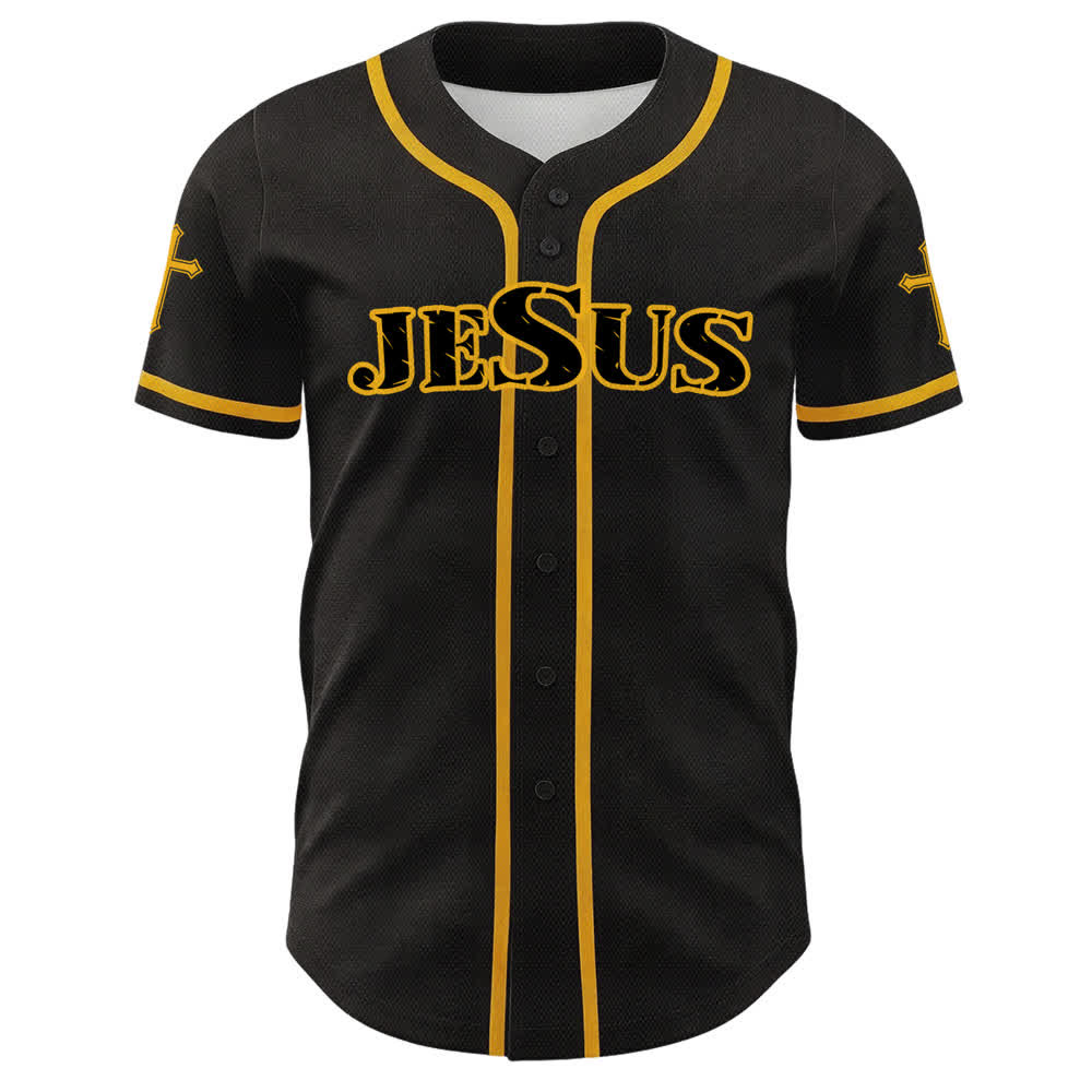 Christianartworkshop Maglia da baseball con croce di Gesù nera e oro con bottoni - image 2
