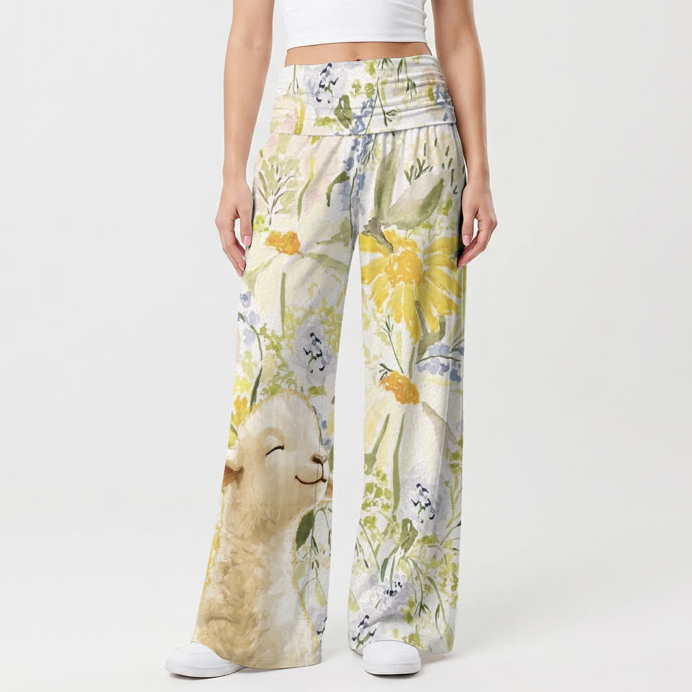 Christianartworkshop Pantaloni da donna a gamba larga con risvolto in vita Meadow Bloom - image 1