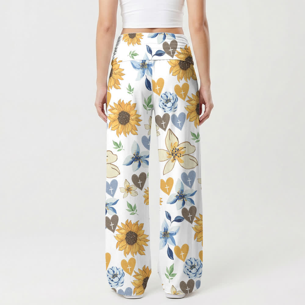 Christianartworkshop Pantaloni da donna a gamba larga con stampa di girasoli e cuori - image 2