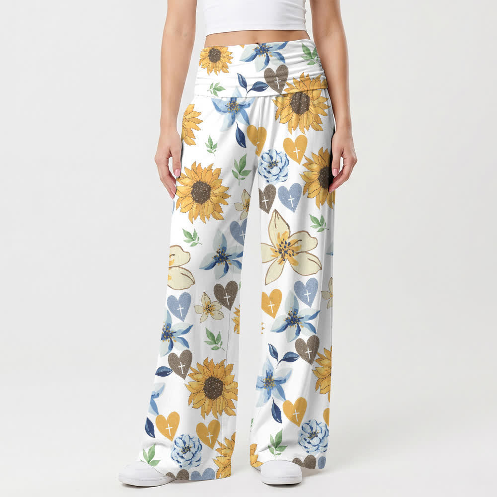 Christianartworkshop Pantaloni da donna a gamba larga con stampa di girasoli e cuori - image 1