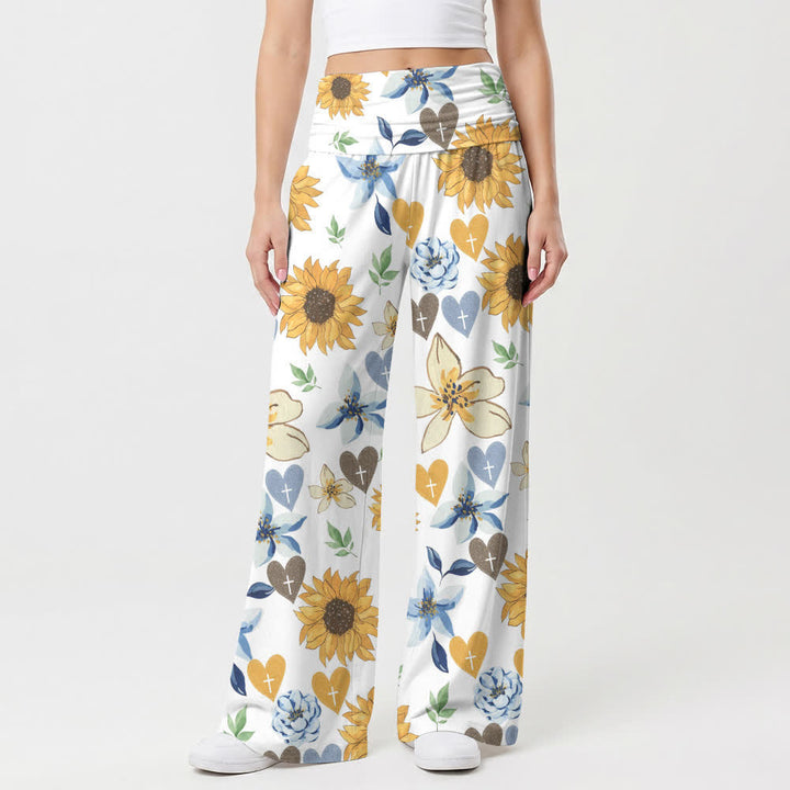 Christianartworkshop Pantaloni da donna a gamba larga con stampa di girasoli e cuori - image 1