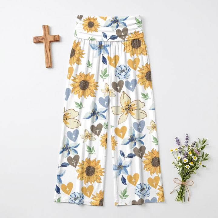 Christianartworkshop Pantaloni da donna a gamba larga con stampa di girasoli e cuori - US22,UK/AU26,EU54 - image 0