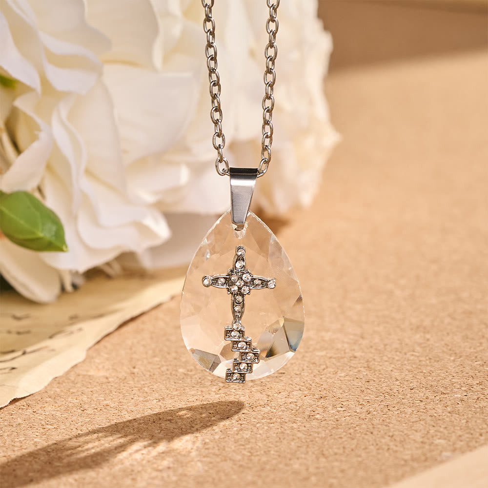 Christianartworkshop Collana con catena a goccia di cristallo e motivi sacri multi-stile: icona di conforto devozionale diversificato - Croce a scala con strass - image 5