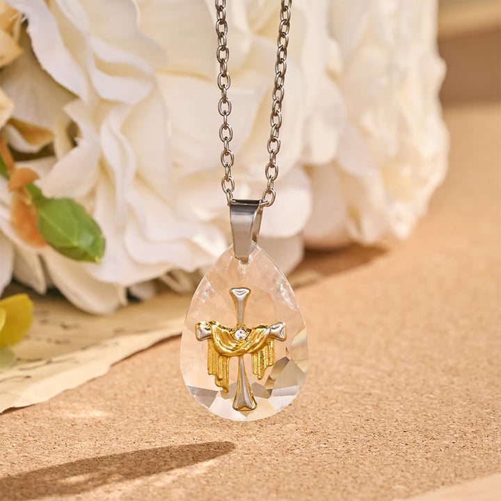 Christianartworkshop Collana con catena a goccia di cristallo e motivi sacri multi-stile: icona di conforto devozionale diversificato - Croce in tessuto drappeggiato bicolore - image 3