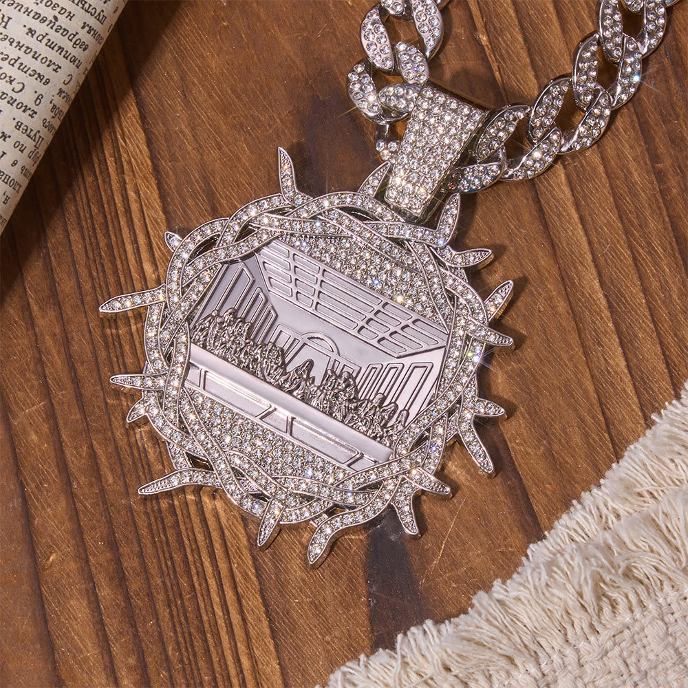 Christianartworkshop Ciondolo corona di spine tempestato di diamanti, Ultima Cena, con catena cubana: emblema del glorioso Testamento celeste - image 4