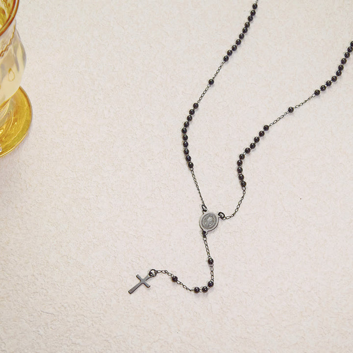 ChristianartworkshopCollana a strati con perline, medaglia sacra e ciondolo a croce minuscola: emblema di pura devozione celeste. - C - image 3