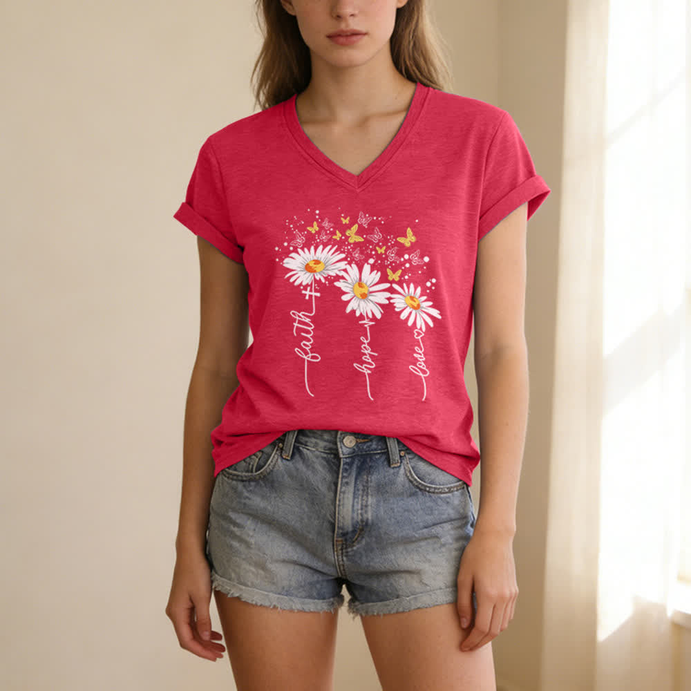 Christianartworkshop Maglietta da donna con scollo a V "Faith Hope Love Daisy Butterfly" - Rosa - 2XL - image 9