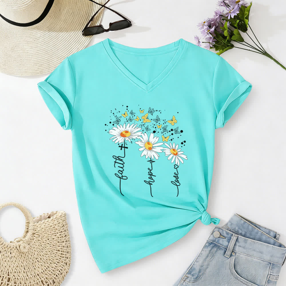 Christianartworkshop Maglietta da donna con scollo a V "Faith Hope Love Daisy Butterfly" - Blu - 2XL - image 22