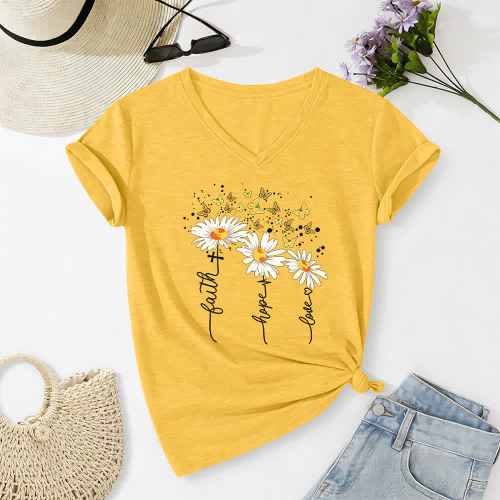 Christianartworkshop Maglietta da donna con scollo a V "Faith Hope Love Daisy Butterfly" - Giallo - 2XL - image 20