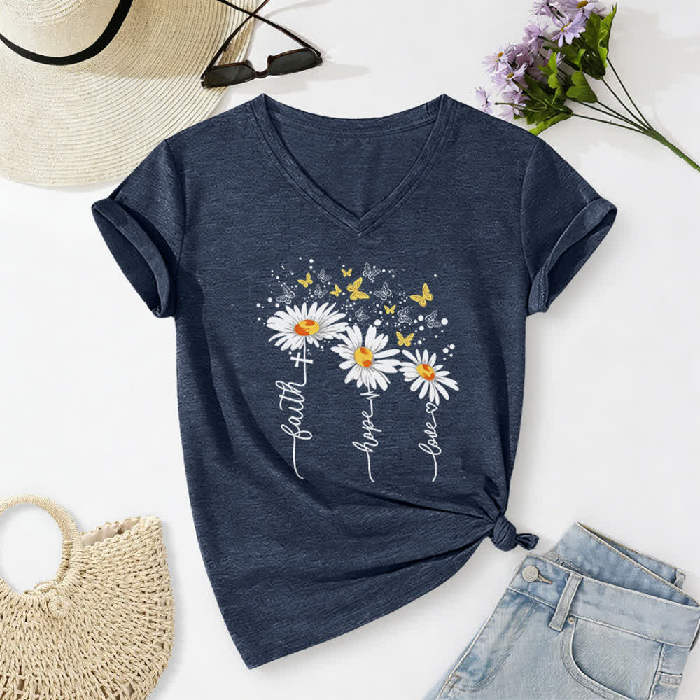 Christianartworkshop Maglietta da donna con scollo a V "Faith Hope Love Daisy Butterfly" - Blu navy - 2XL - image 2