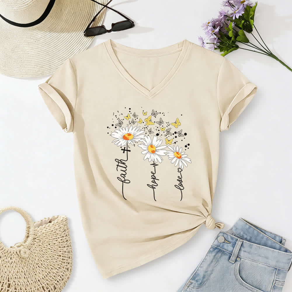Christianartworkshop Maglietta da donna con scollo a V "Faith Hope Love Daisy Butterfly" - Beige - 2XL - image 16