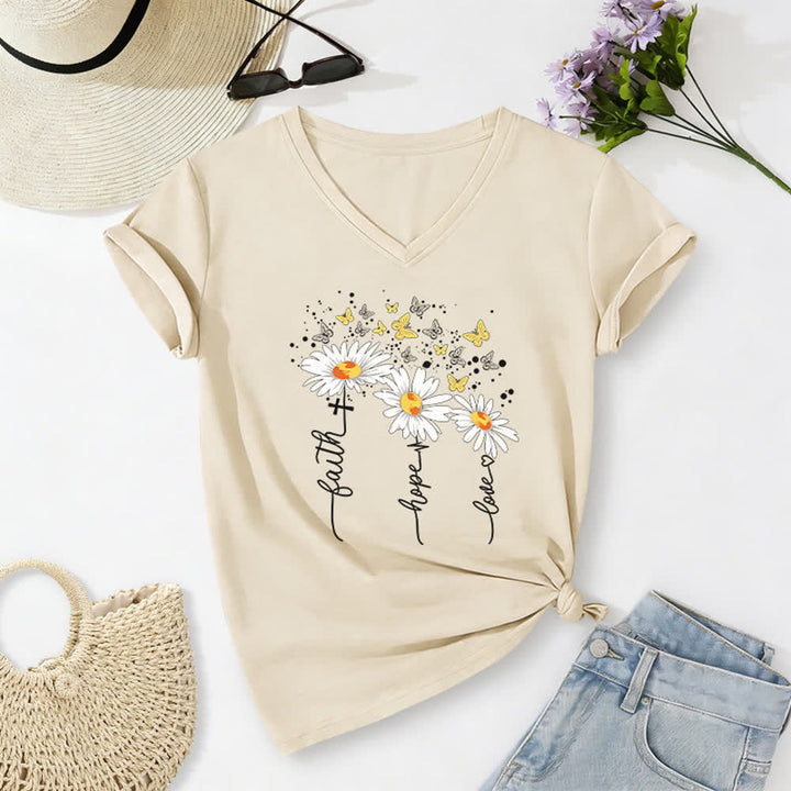 Christianartworkshop Maglietta da donna con scollo a V "Faith Hope Love Daisy Butterfly" - Beige - 2XL - image 16
