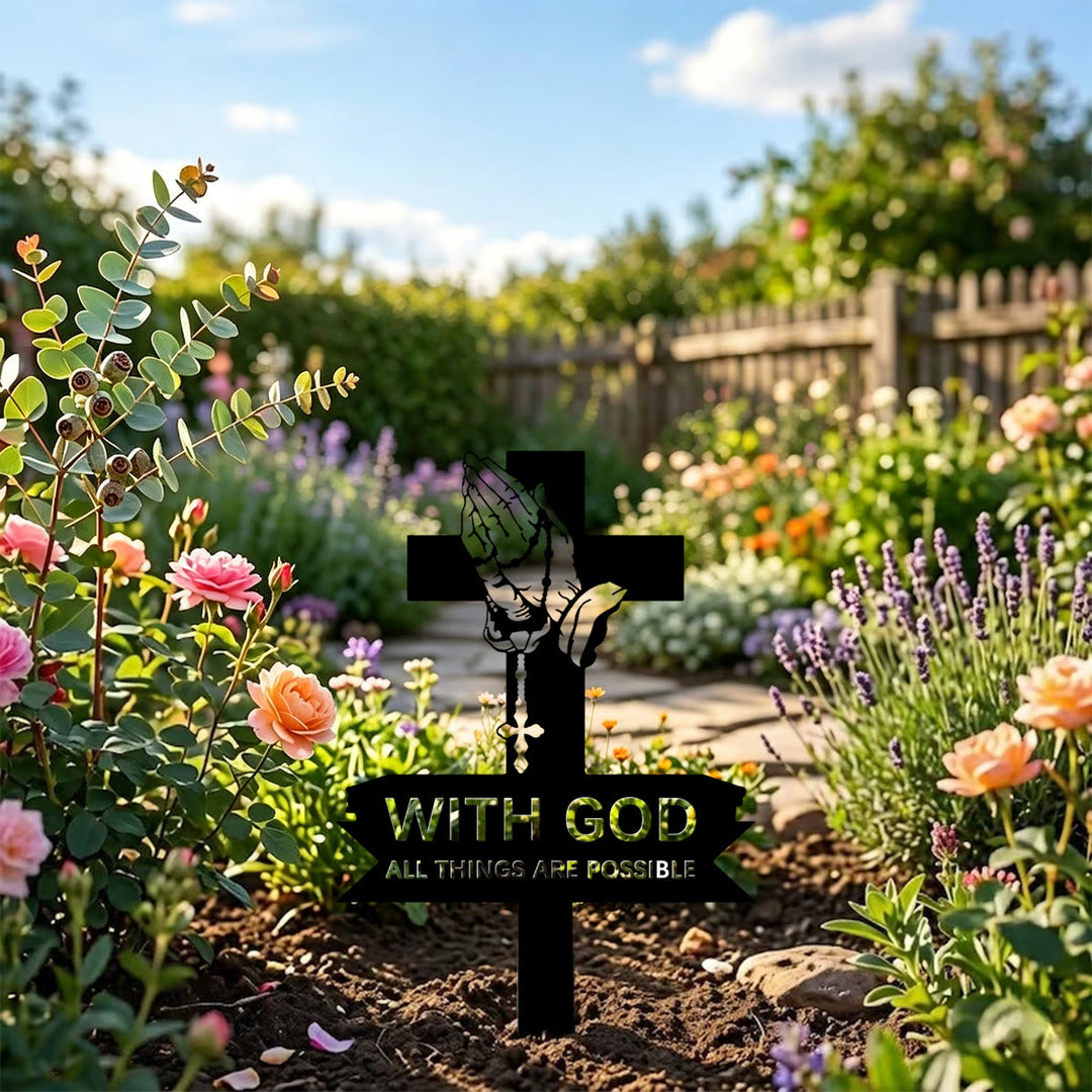 Christianartworkshop Paletto da giardino in metallo con croce e mani in preghiera, con testo ispiratore: emblema di incrollabile convinzione sacra - image 2