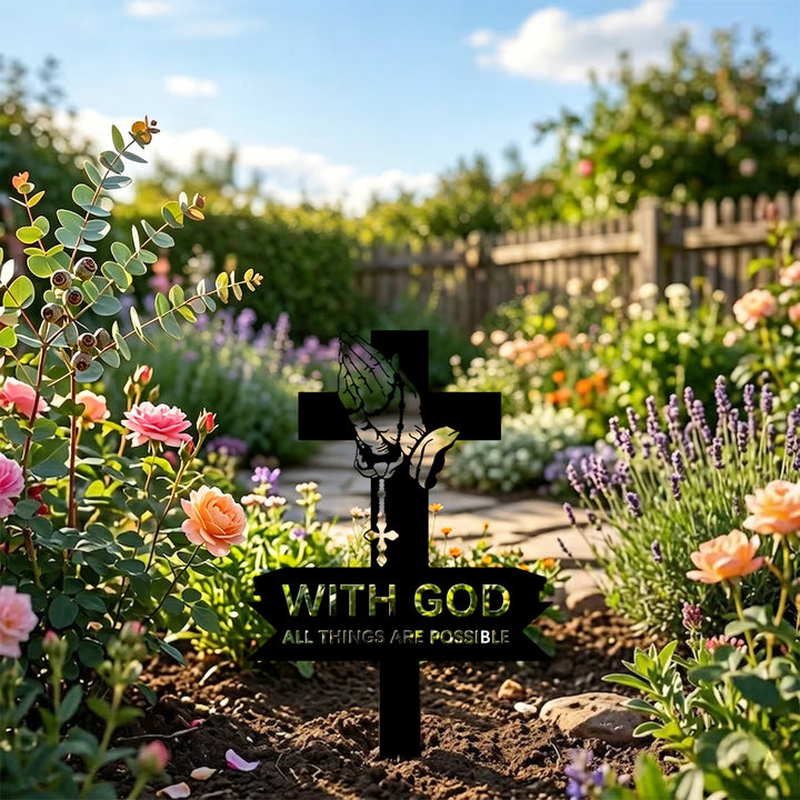 Christianartworkshop Paletto da giardino in metallo con croce e mani in preghiera, con testo ispiratore: emblema di incrollabile convinzione sacra - image 2