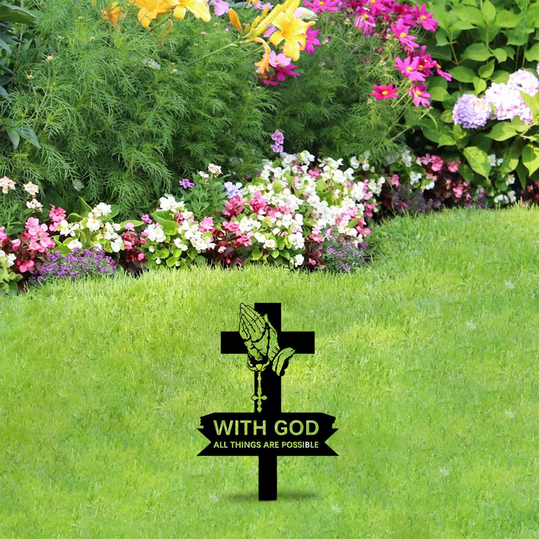 Christianartworkshop Paletto da giardino in metallo con croce e mani in preghiera, con testo ispiratore: emblema di incrollabile convinzione sacra - image 3