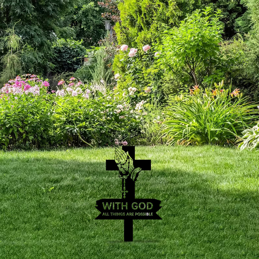 Christianartworkshop Paletto da giardino in metallo con croce e mani in preghiera, con testo ispiratore: emblema di incrollabile convinzione sacra - image 4