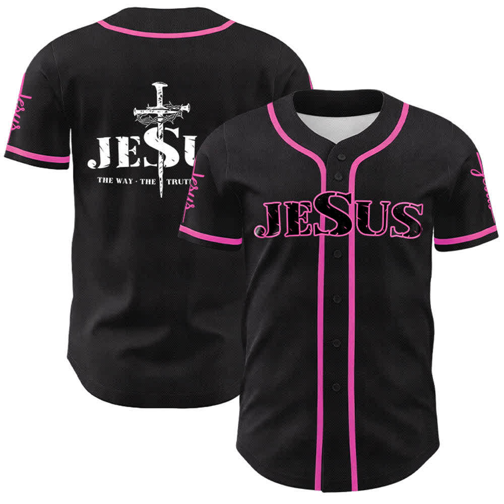 Christianartworkshop Maglia da baseball con croce di Gesù, chiodo e corona di spine - Gesù Nero - Rosa - 5XL - image 23