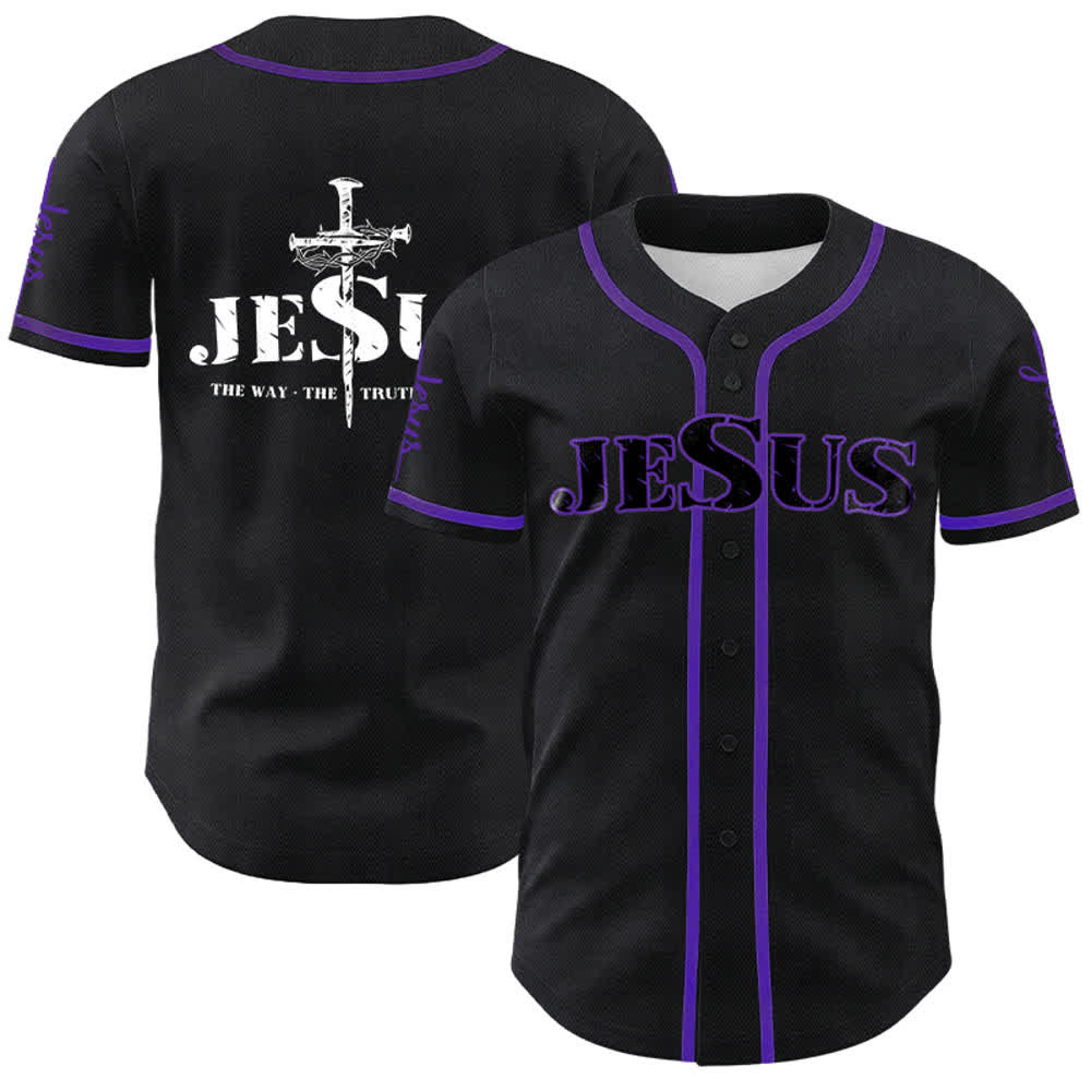 Christianartworkshop Maglia da baseball con croce di Gesù, chiodo e corona di spine - Gesù Nero - Viola - 5XL - image 29
