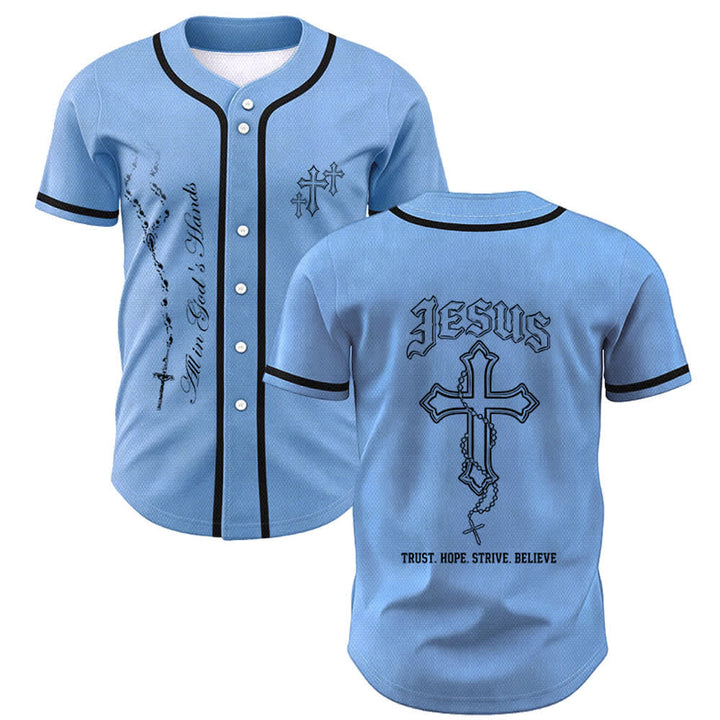 Christianartworkshop Trust Hope Strive Believe All In God's Hands Faith Motif Maglia da baseball unisex - Blu - 5XL - image 35