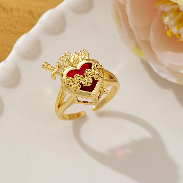 Anello aperto regolabile con Sacro Cuore decorato Christianartworkshop : emblema di sconfinata compassione celeste. - A (Adatto per taglie americane dalla 7 alla 15) - image 1