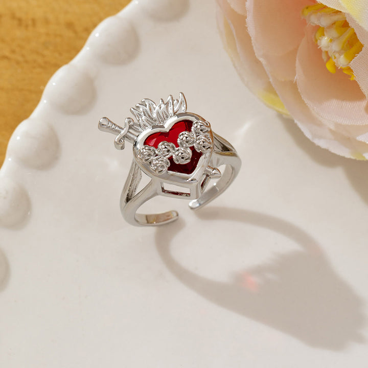 Anello aperto regolabile con Sacro Cuore decorato Christianartworkshop : emblema di sconfinata compassione celeste. - B (Adatto per taglie americane dalla 7 alla 15) - image 2