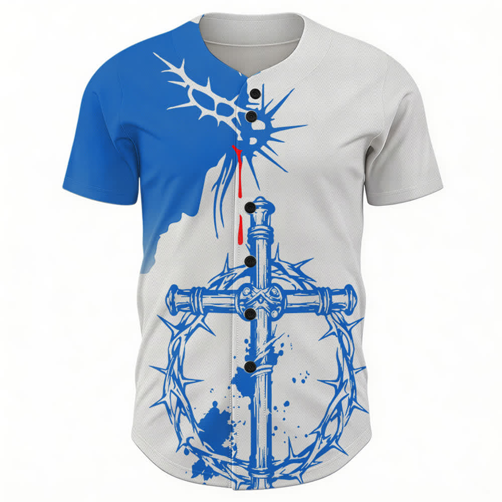 Maglia da baseball unisex Christianartworkshop con croce avvolta da spine bicolore bianca e blu - image 1