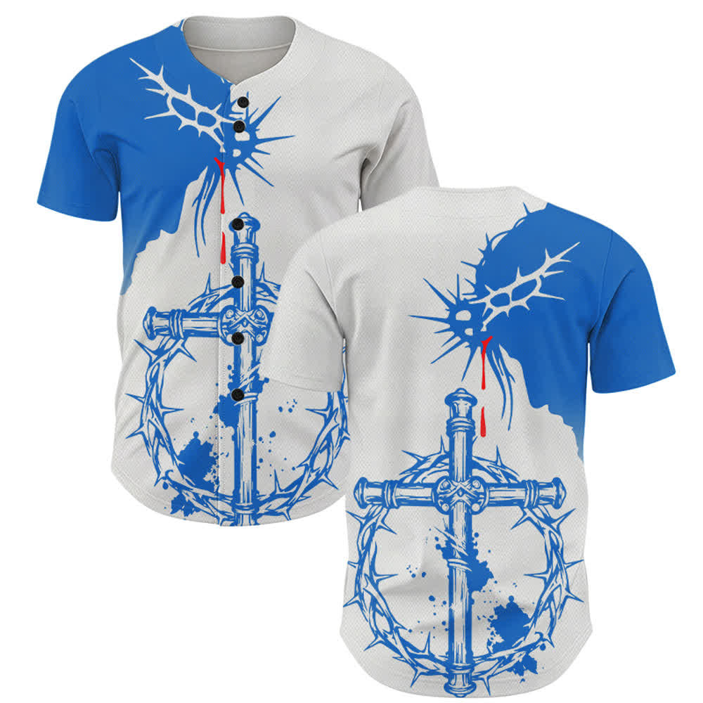 Maglia da baseball unisex Christianartworkshop con croce avvolta da spine bicolore bianca e blu - 5XL - image 0