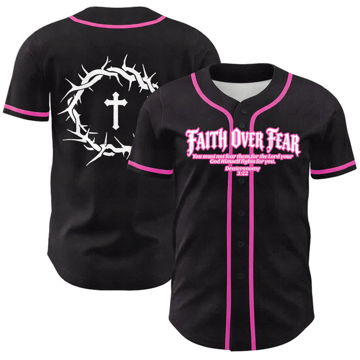 Christianartworkshop Fede al di sopra della paura Corona di spine Croce Grafica Scrittura Maglia da baseball unisex - Rosa - 5XL - image 18
