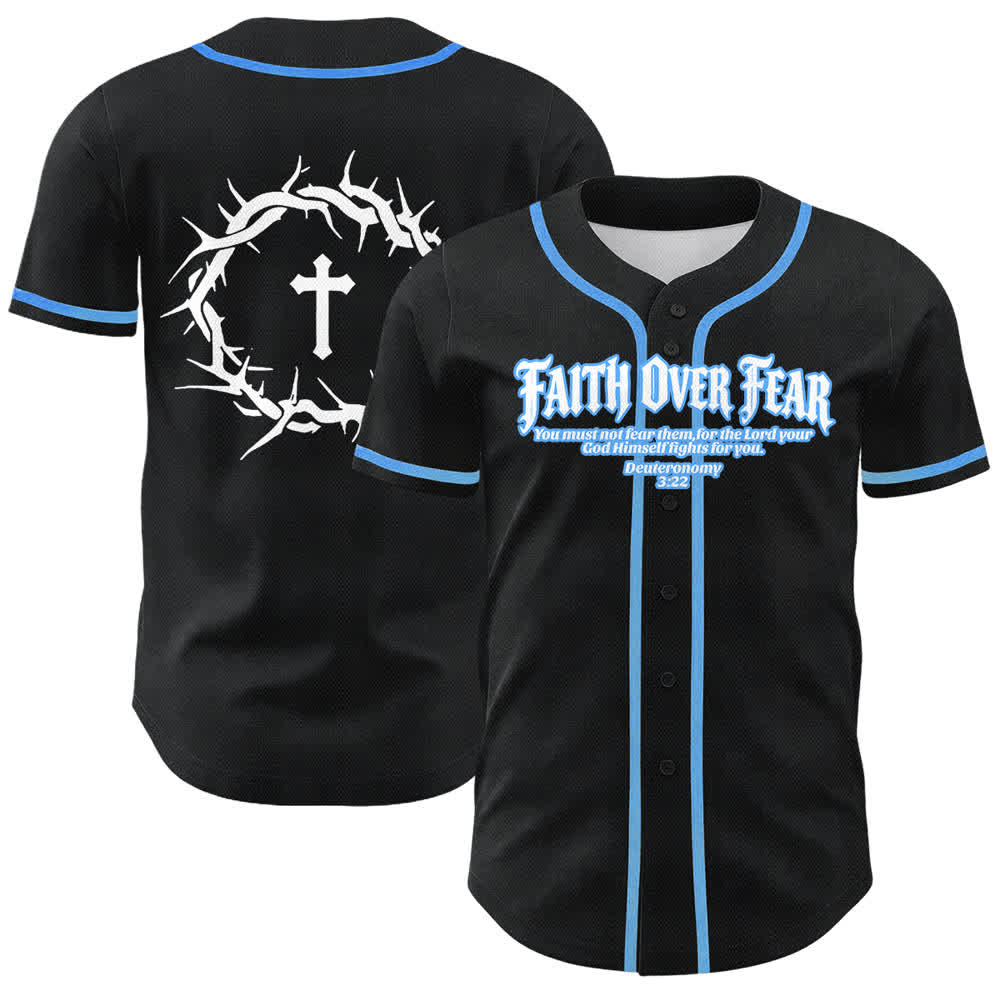 Christianartworkshop Fede al di sopra della paura Corona di spine Croce Grafica Scrittura Maglia da baseball unisex - Blu celeste - 5XL - image 15