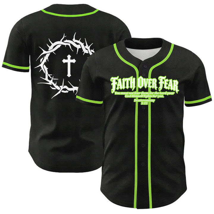 Christianartworkshop Fede al di sopra della paura Corona di spine Croce Grafica Scrittura Maglia da baseball unisex - Verde - 5XL - image 21