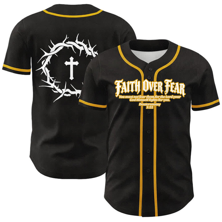 Christianartworkshop Fede al di sopra della paura Corona di spine Croce Grafica Scrittura Maglia da baseball unisex - D'oro - 5XL - image 0