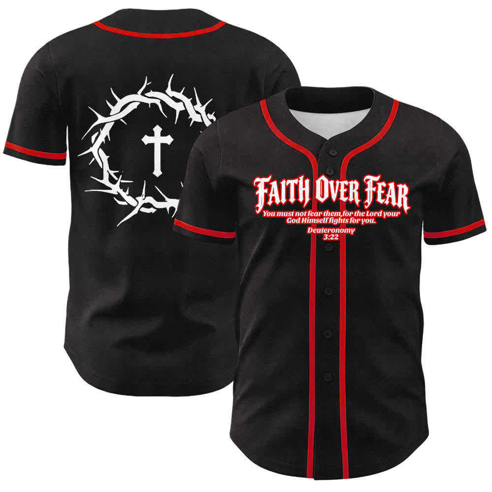 Christianartworkshop Fede al di sopra della paura Corona di spine Croce Grafica Scrittura Maglia da baseball unisex - Rosso - 5XL - image 6